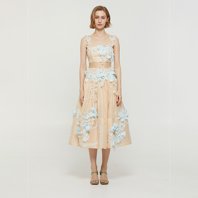 zimmermann ice blue floral butterfly linen silk cropped bustier top & skirt